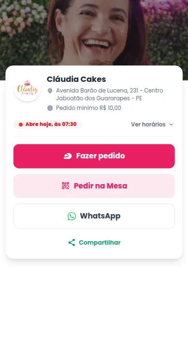 Cardápio digital da Cláudia Cakes no celular